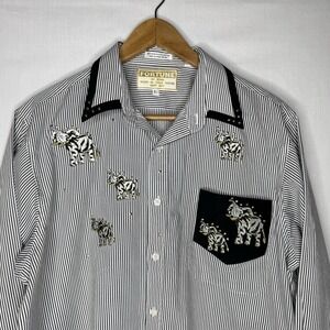Vtg Fortune Women's L Black/White Stripe Safari Elephant Embroidered Button Up